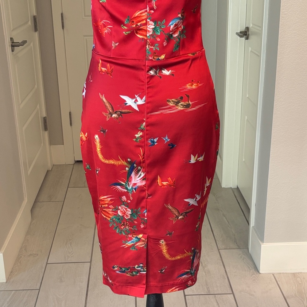 Wheels & Dollbaby Red Satin Bird & Floral Print Bodycon Slip Dress AU 12 US 8 - Picture 9 of 13
